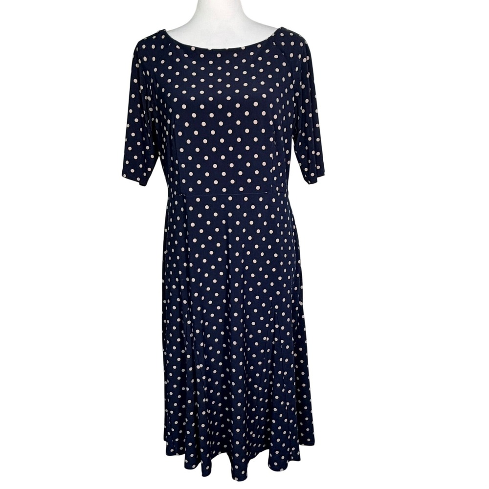 JONES NEW YORK Women's 8 Navy Blue Polka Dot Short Sleeve Jersey Knit Midi Dress